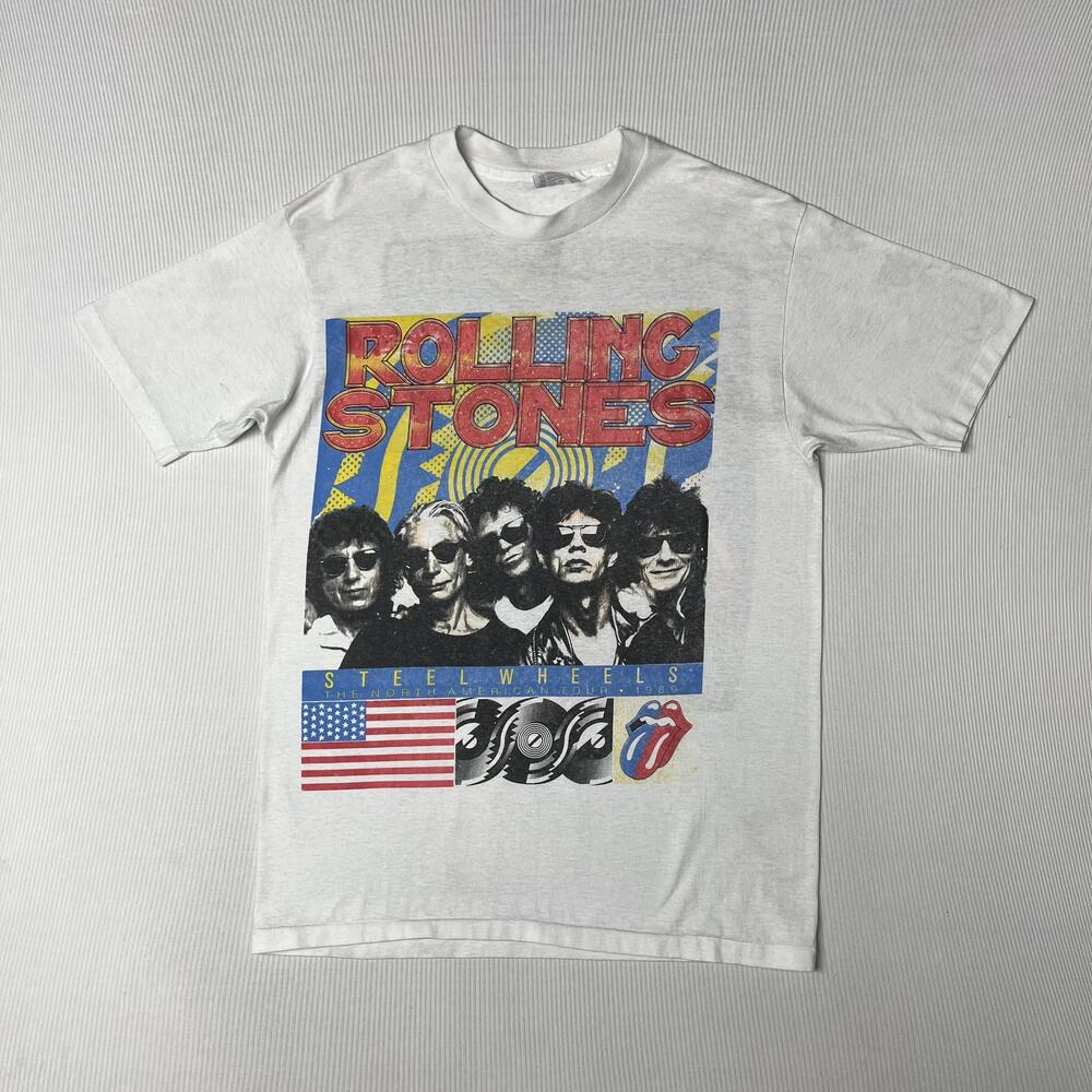 Vintage Rolling Stones Shirt Mens L Gray Steel Wheels 1989 USA Concert Tour Tee